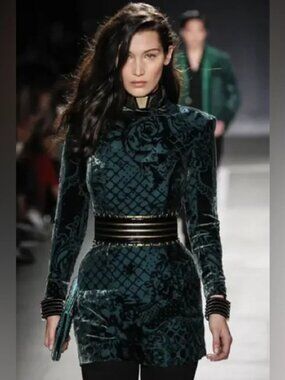 NWT Balmain for H&M RUNWAY Velvet Green Flocked Long Sleeve Gold Zip Dress SZ 8